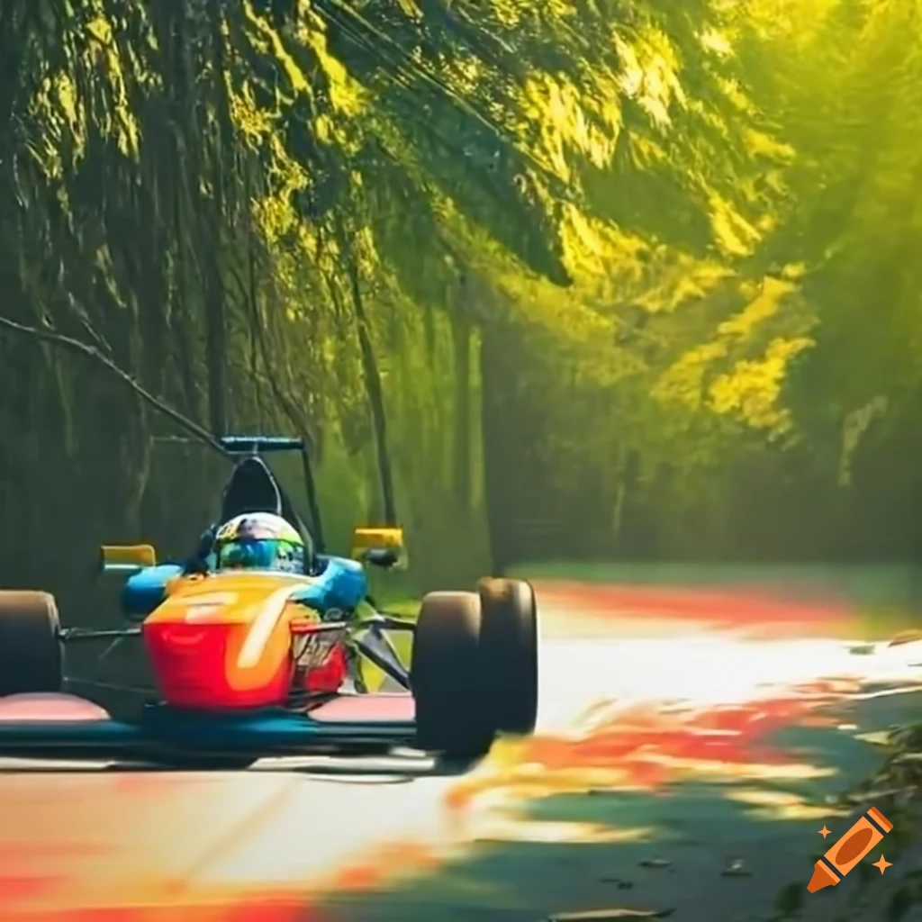 Formula racing car track in a village with a cable car on Craiyon