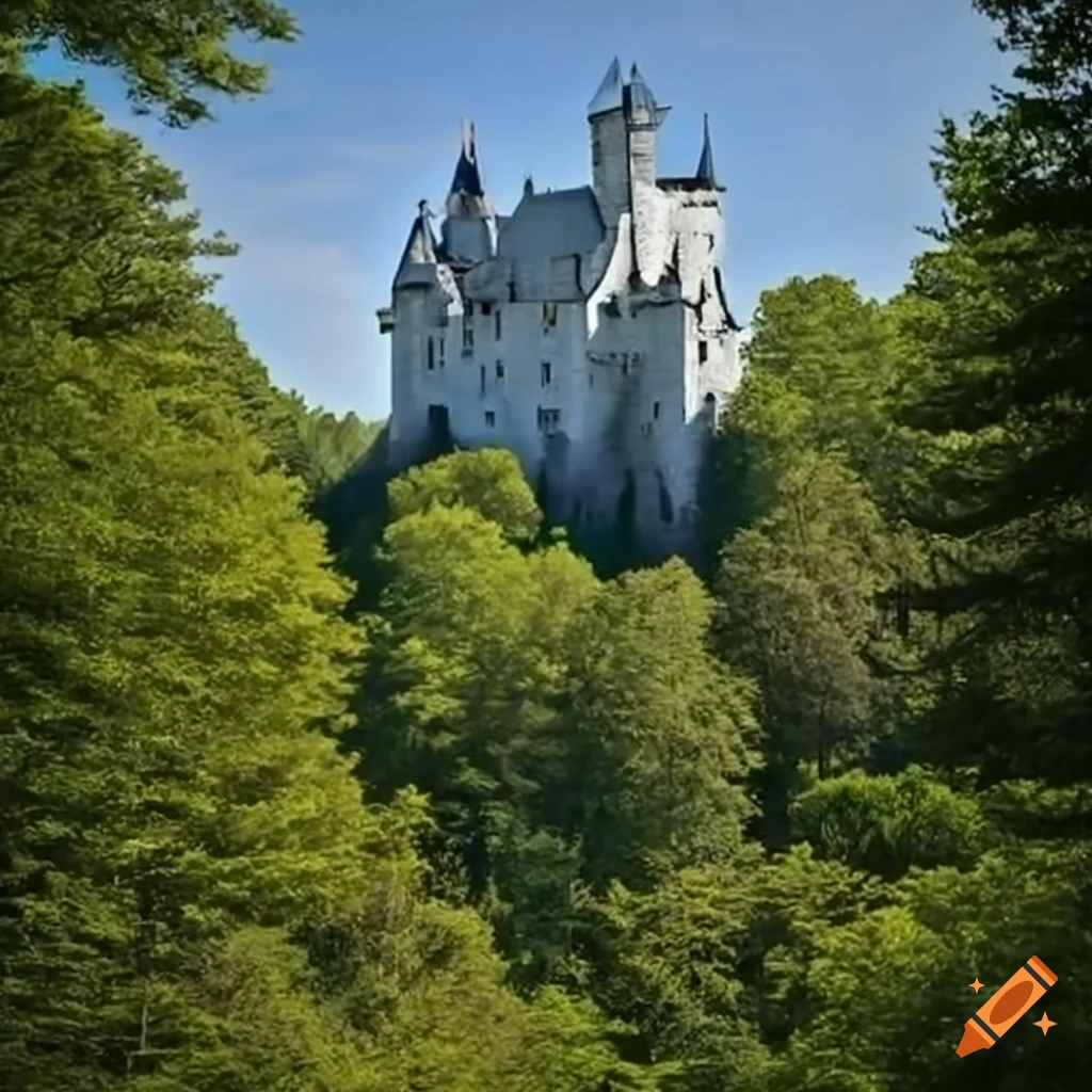 White castle surrounded by forests on Craiyon