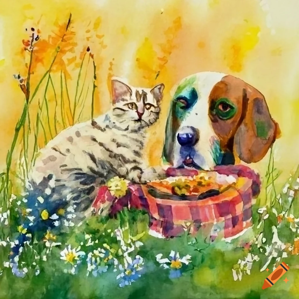 Cat And Dog Sharing A Picnic In A Grassy Clearing With Wild Flowers On cat-and-dog-sharing-a-picnic-in-a-grassy-clearing-with-wild-flowers-on