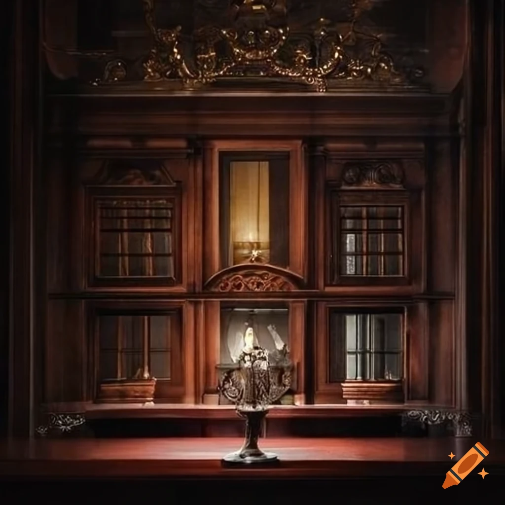 Elegant dining room with long mahogany table and chandelier on Craiyon