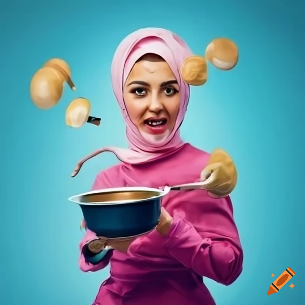 Lady with headscarf throwing soup in a whimsical and absurd scene on