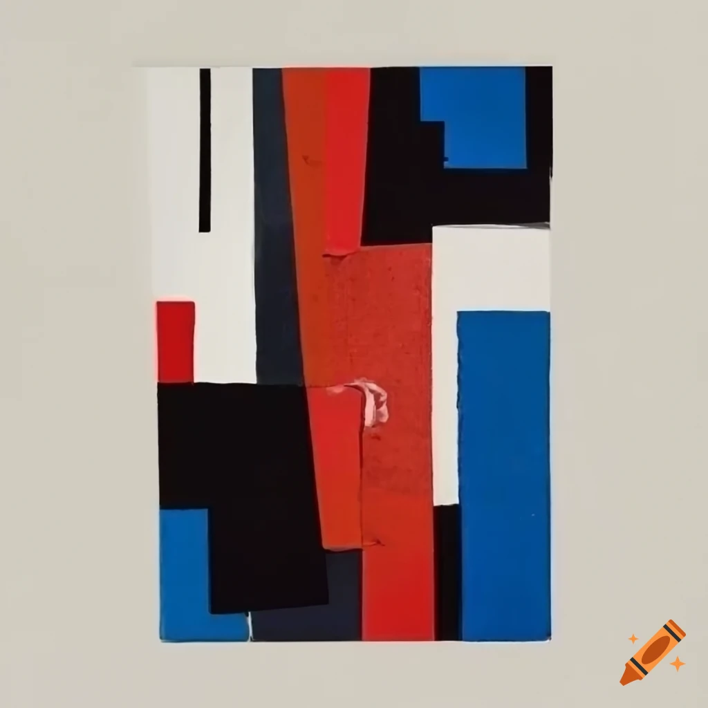 Abstract red, blue, white, and black collage from 1975 on Craiyon