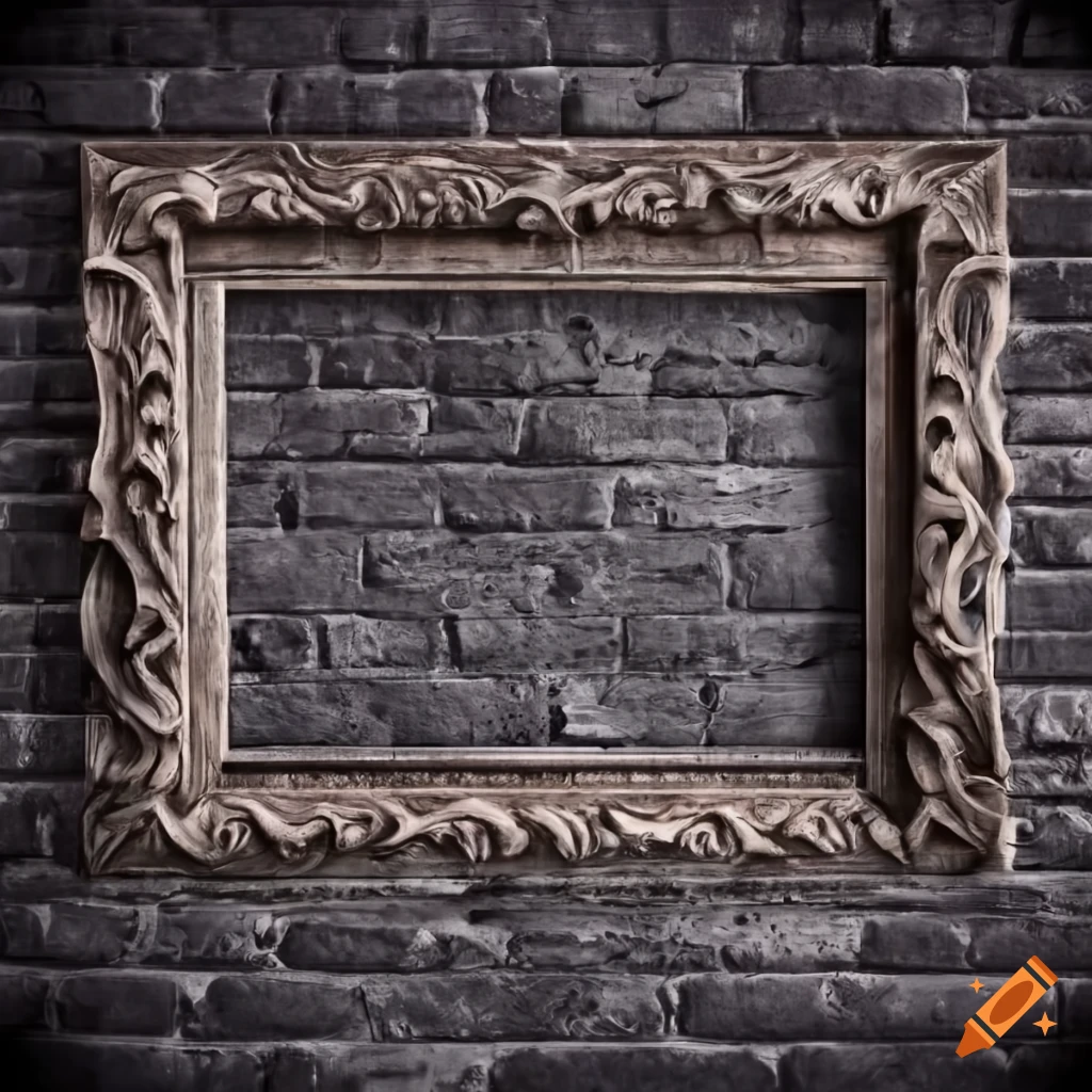 Vintage-style dark frame with intricate fantasy designs on grey brickstone wall