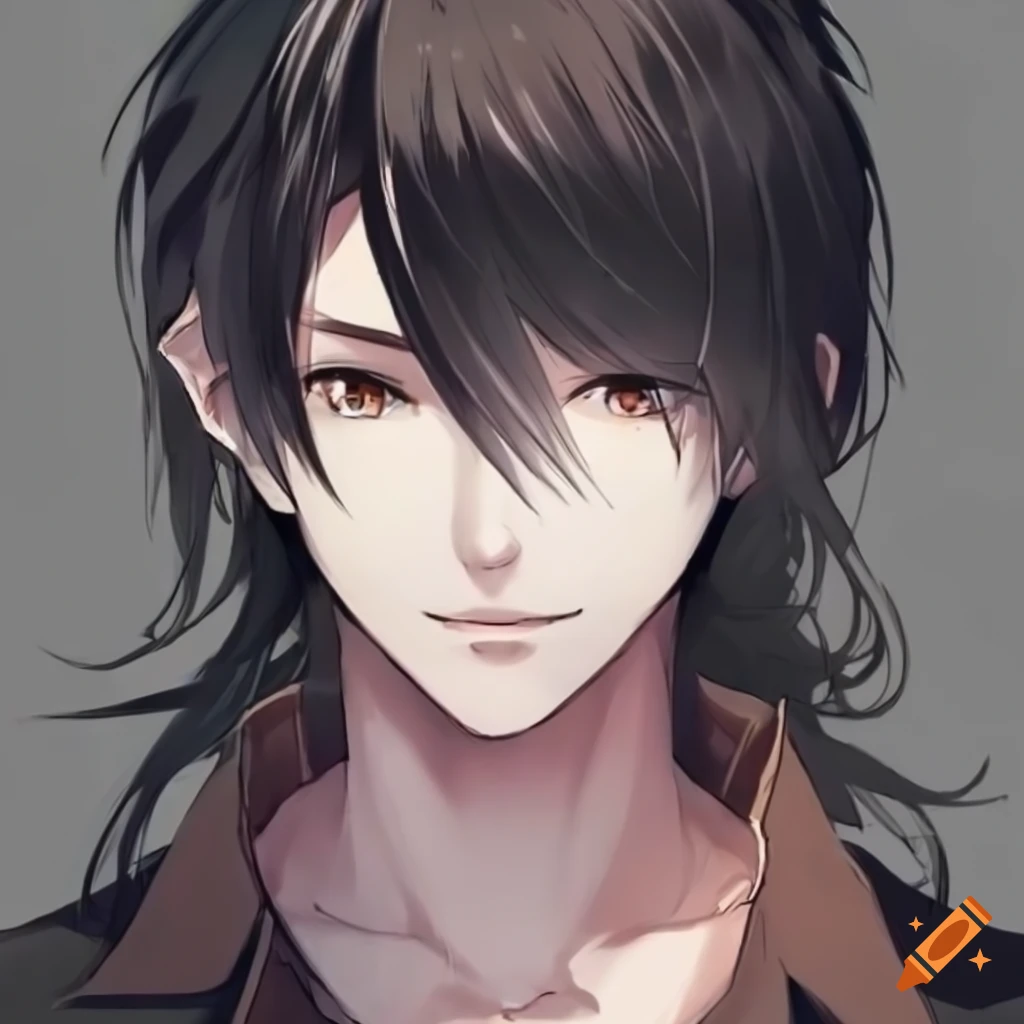 Young man with long black hair and brown eyes in simple elegant ...