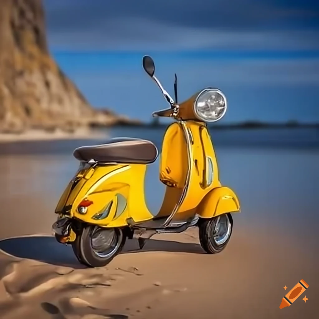 Yellow vespa scooter on a beach