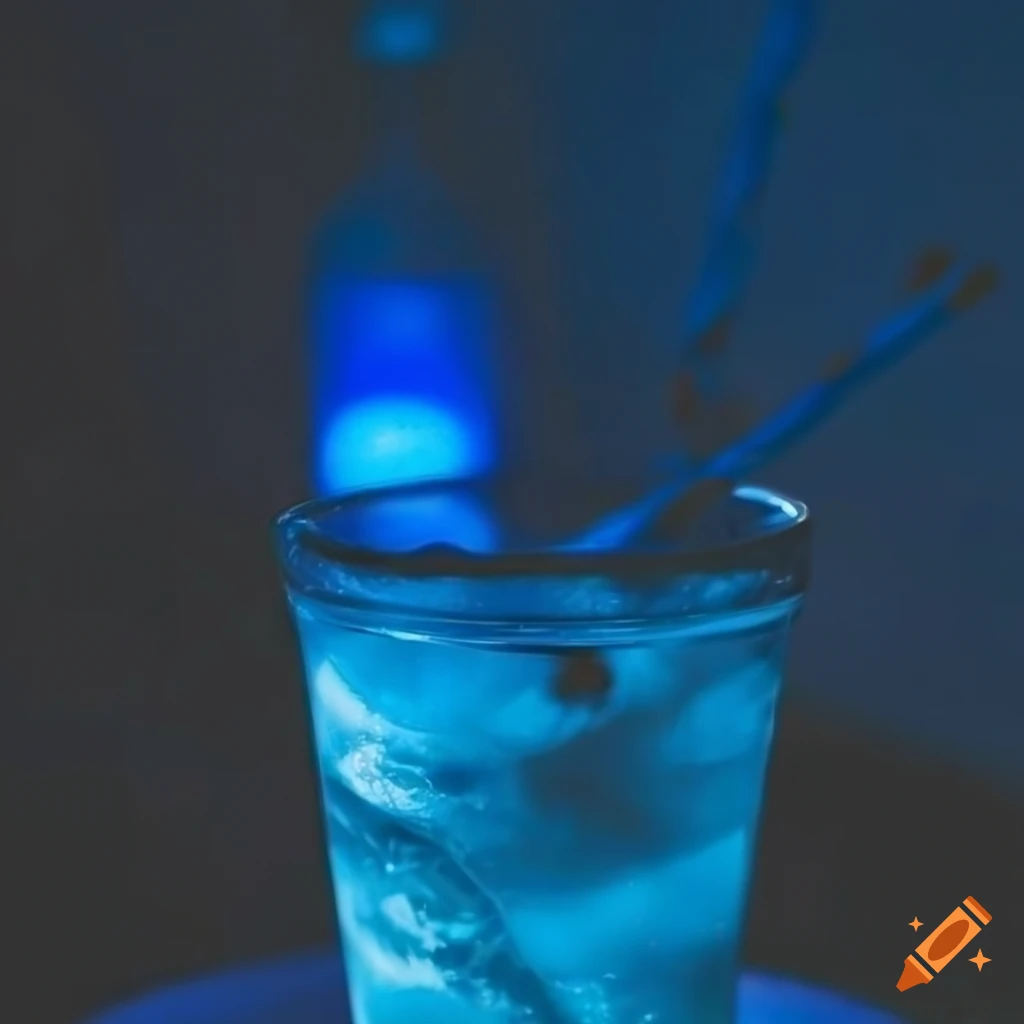 Blue carbonated drink with candy on a table in a moody blue setting