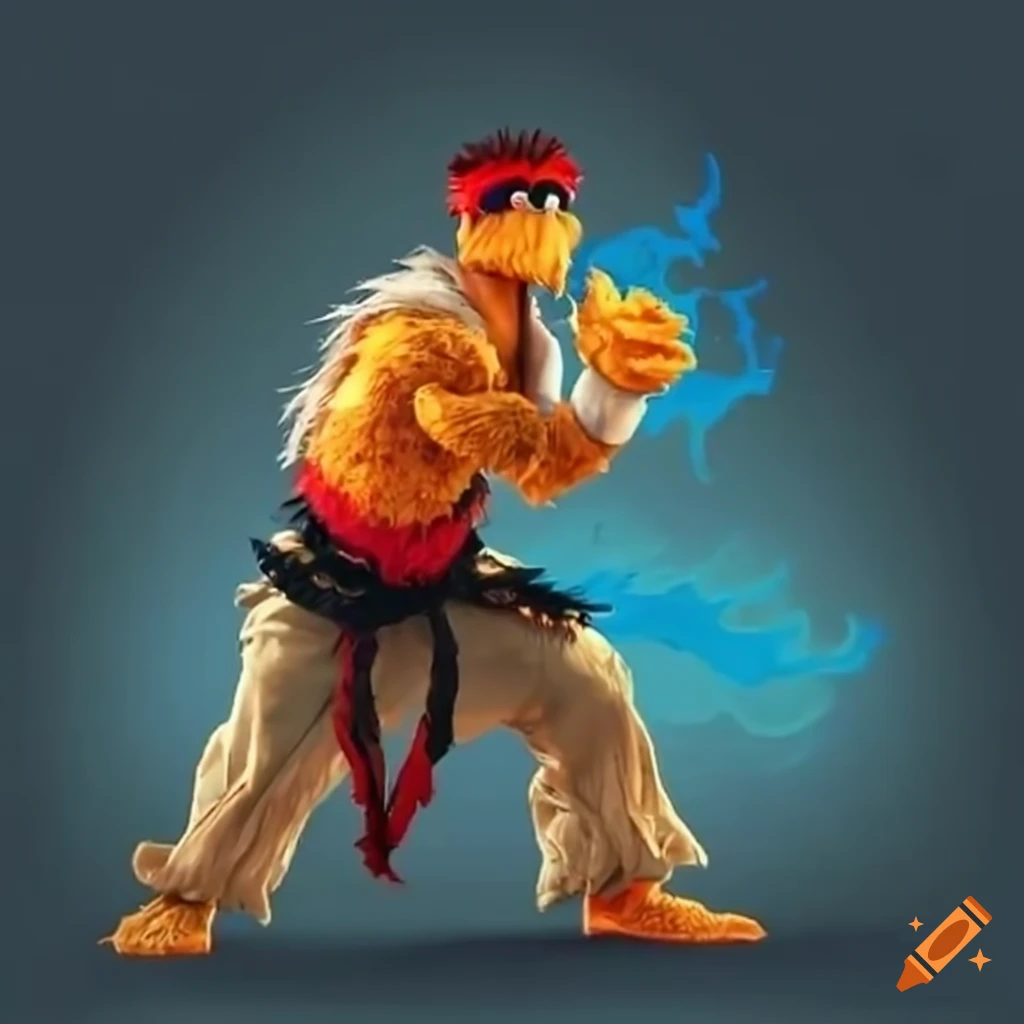 Big bird from sesame street performing a flaming shoryuken in a ryu ...