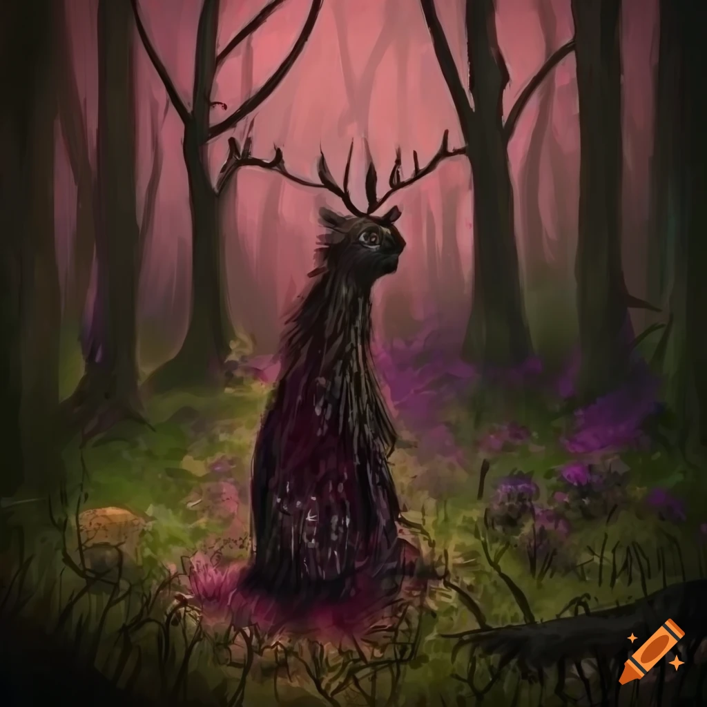Cryptid with fur and antlers lurking in a gloomy forest with wilted flowers in romantic goth style