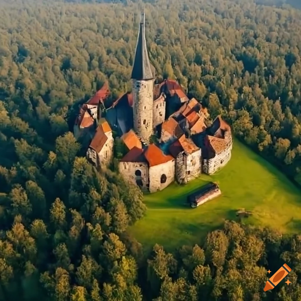 Aerial view of a medieval city in the middle of a meadow surrounded by ...