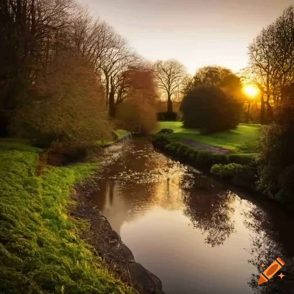 Knighton park gardens in leicester, england with a stream at sunset on