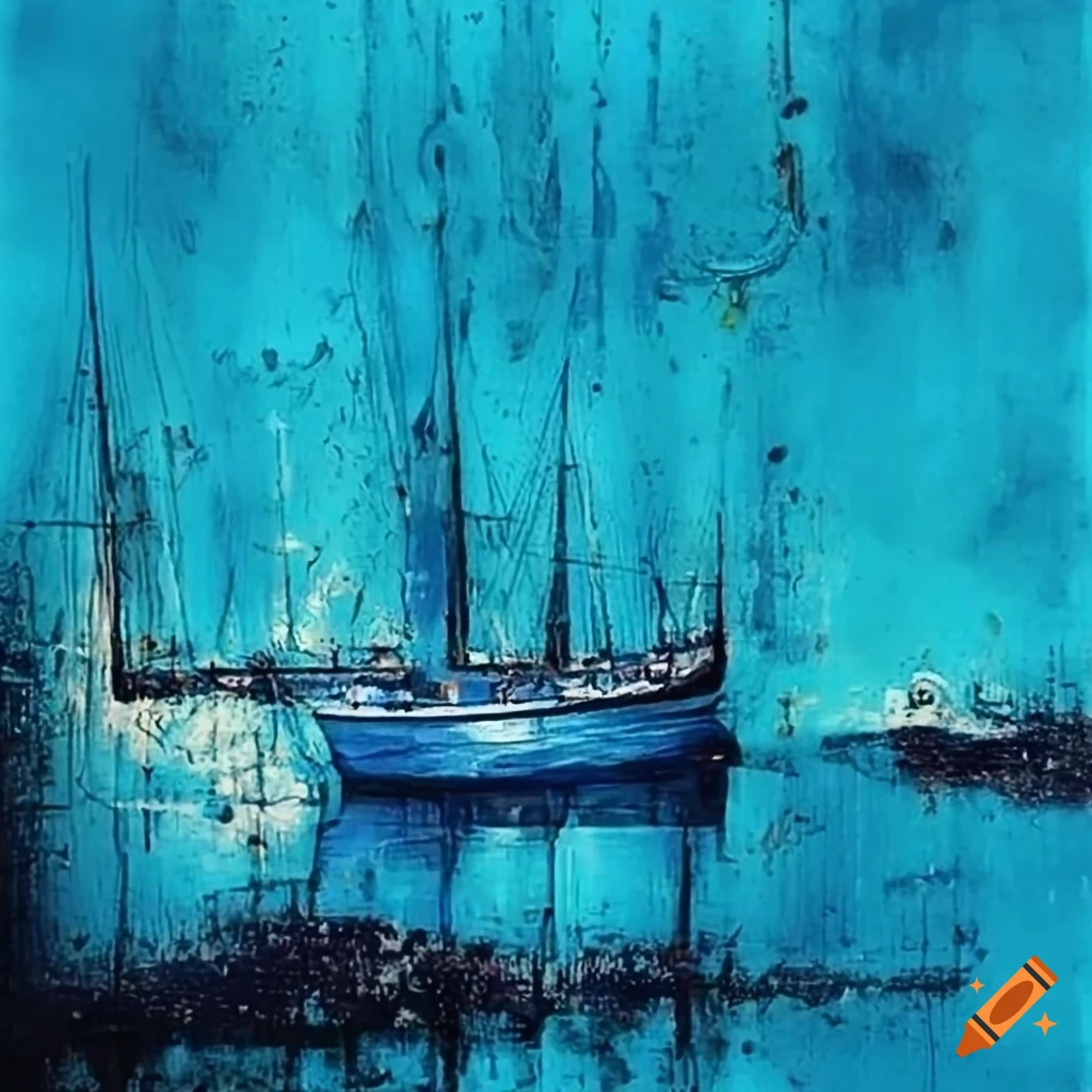 Old French harbor in the 1800s with light blue paint splatters and dripping, abstract art