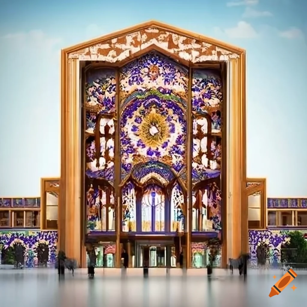 Shop mall building facade design with orchid flower and traditional Iranian elements
