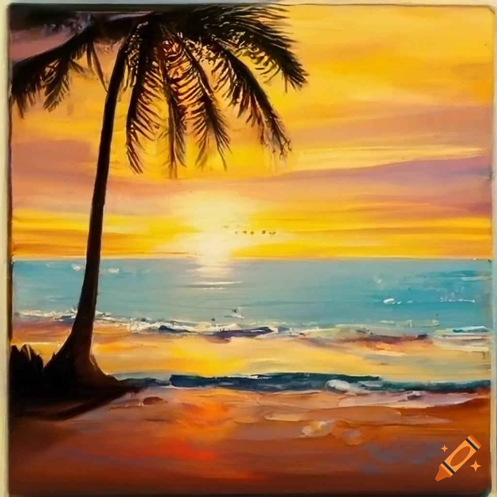 Semirealistic painting of palm trees on the beach at sunset