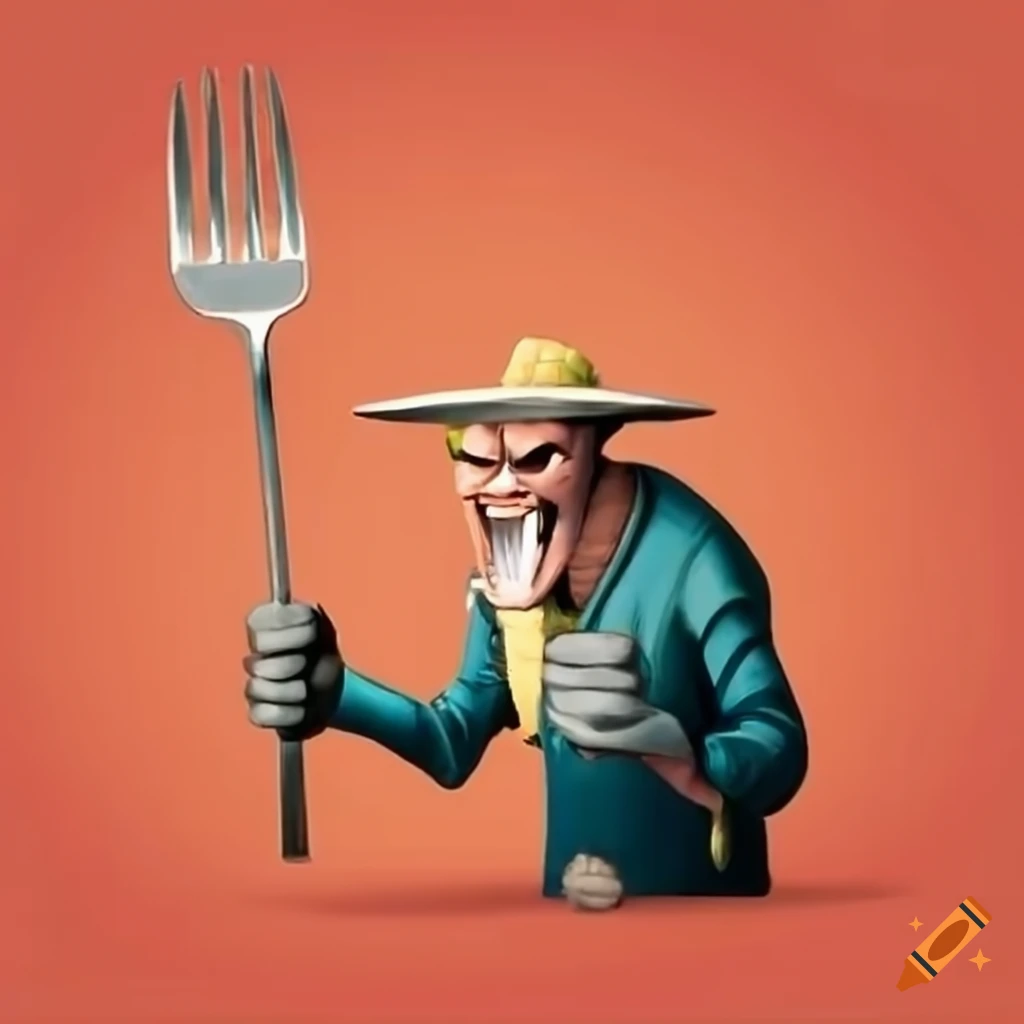 Angry farmer holding a fork on Craiyon