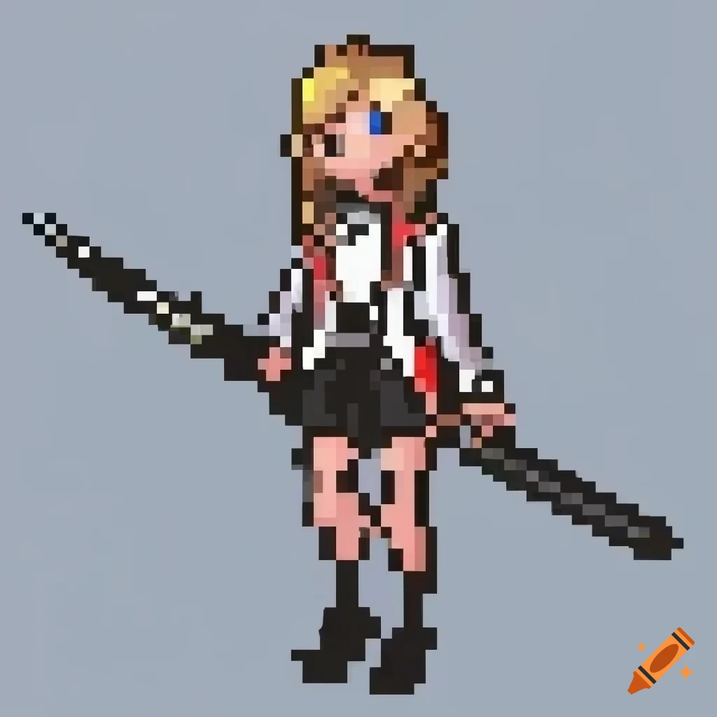 Pixel art of a blonde woman with a black skirt, blazer, white shirt, and katana