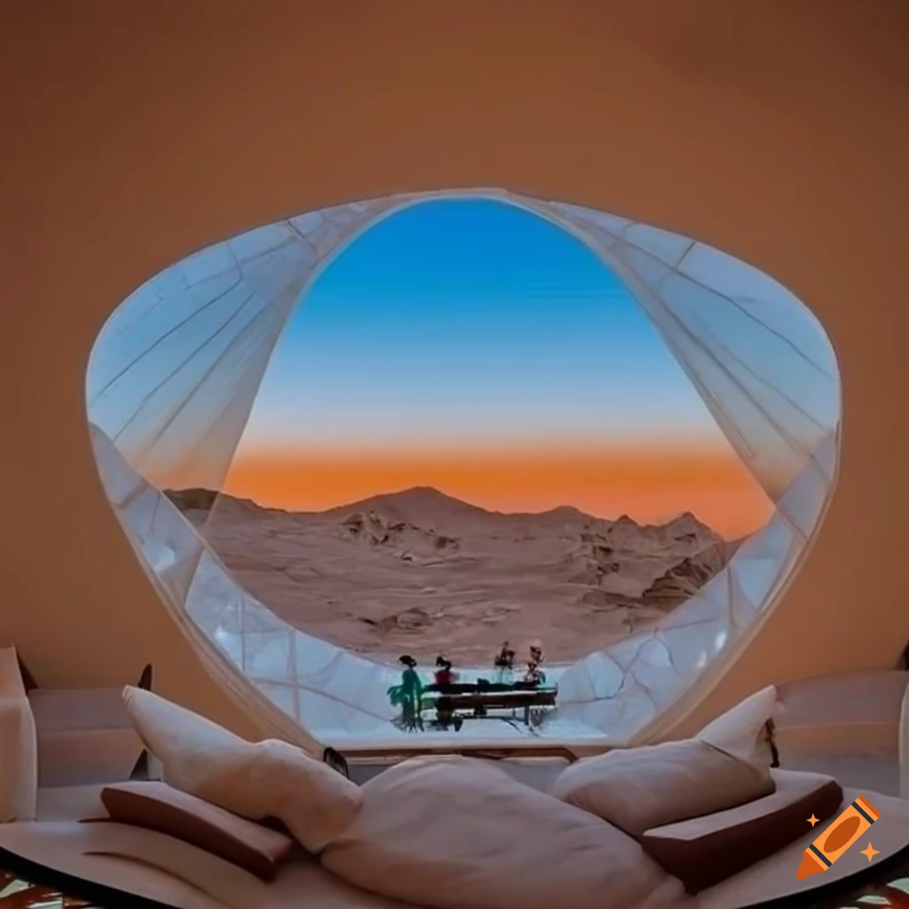 Luxury desert resort with rooms inside glass domes, bird's eye view