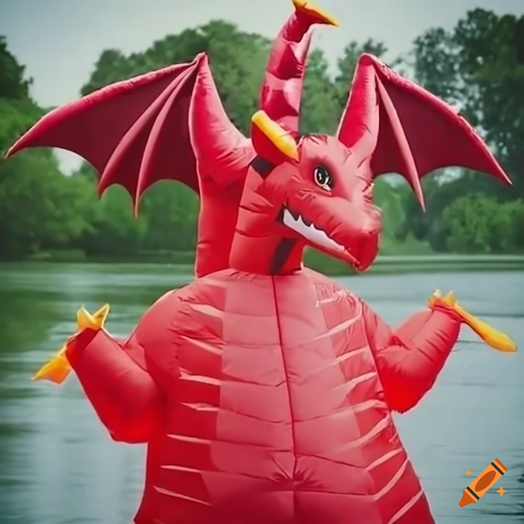 Child in a red inflatable dragon costume on Craiyon
