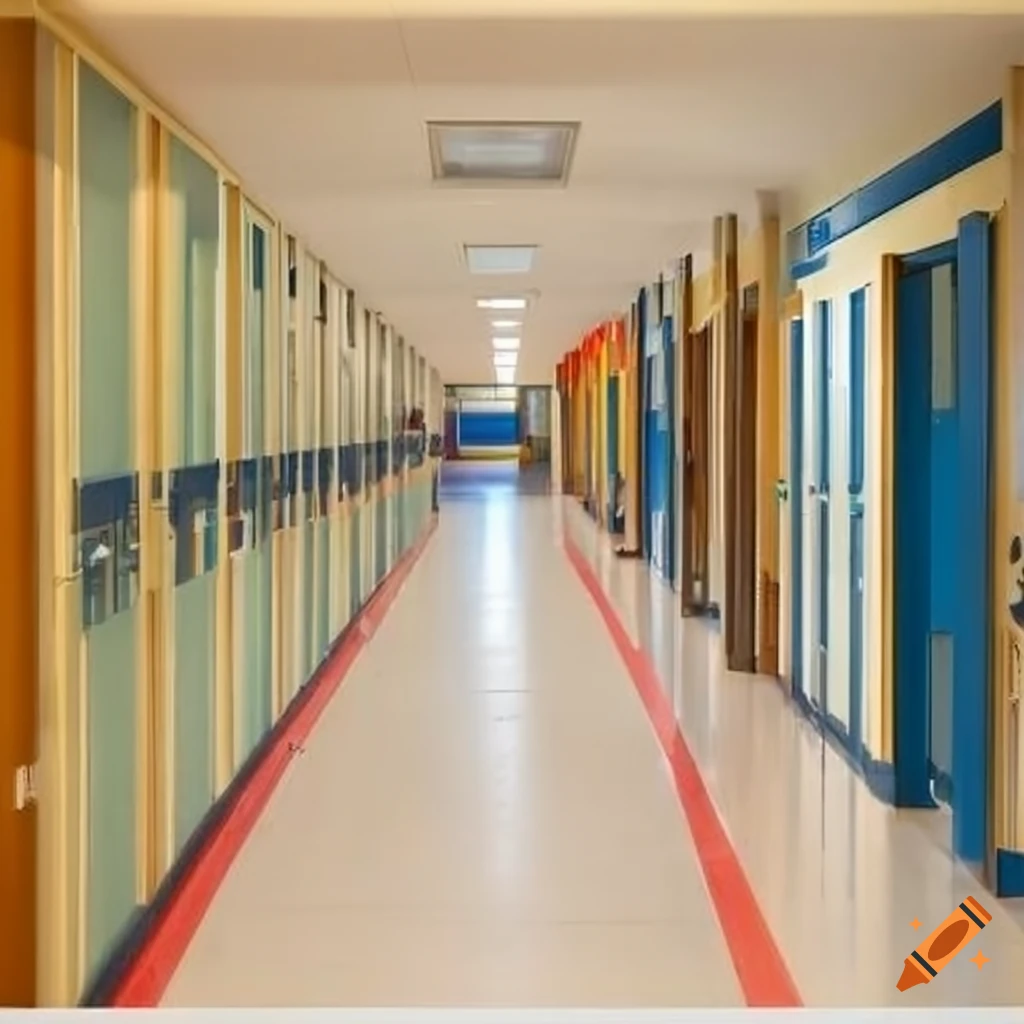 School corridor with classrooms and a central hall