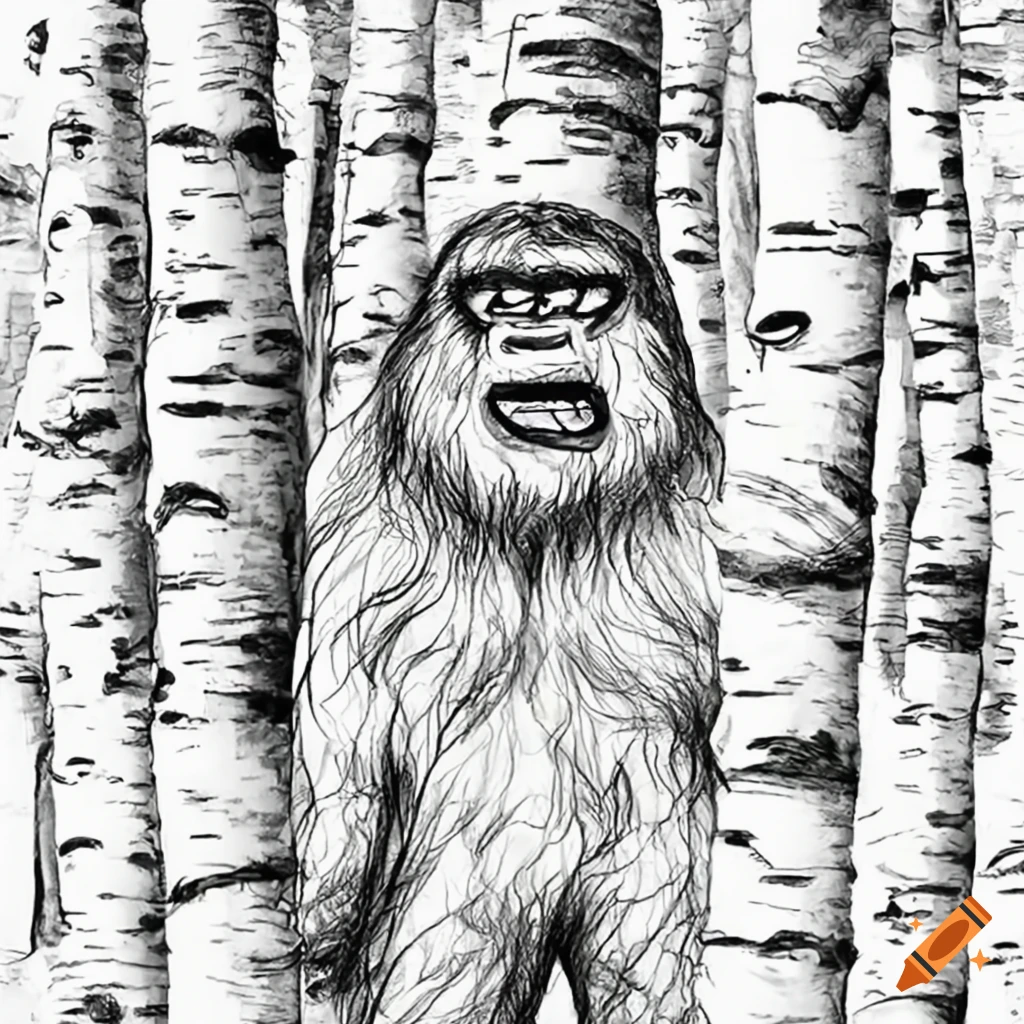 Bigfoot surprising tourists in birch trees with a smile