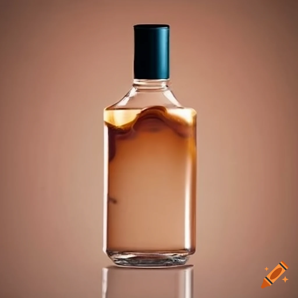 Brown water in a cologne bottle with blank label on Craiyon