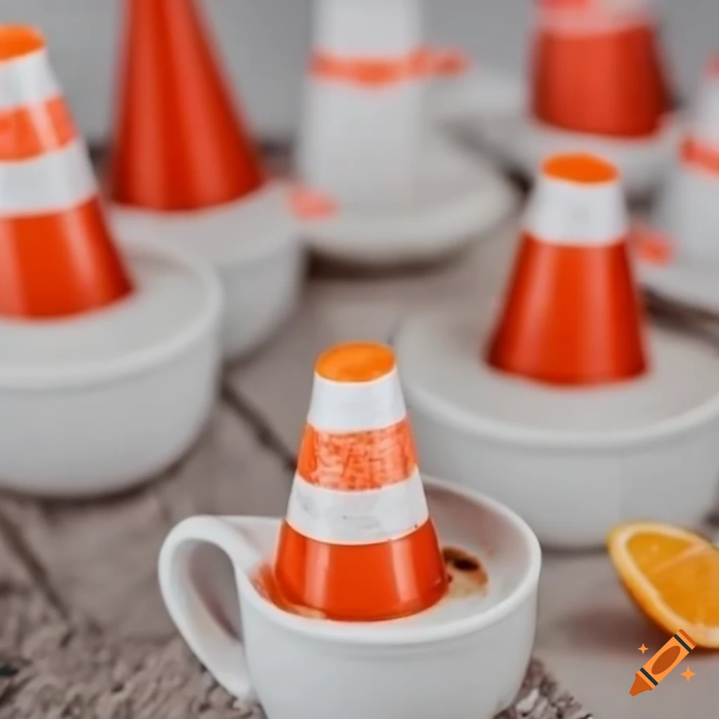 Mini traffic cones floating in coffee on Craiyon