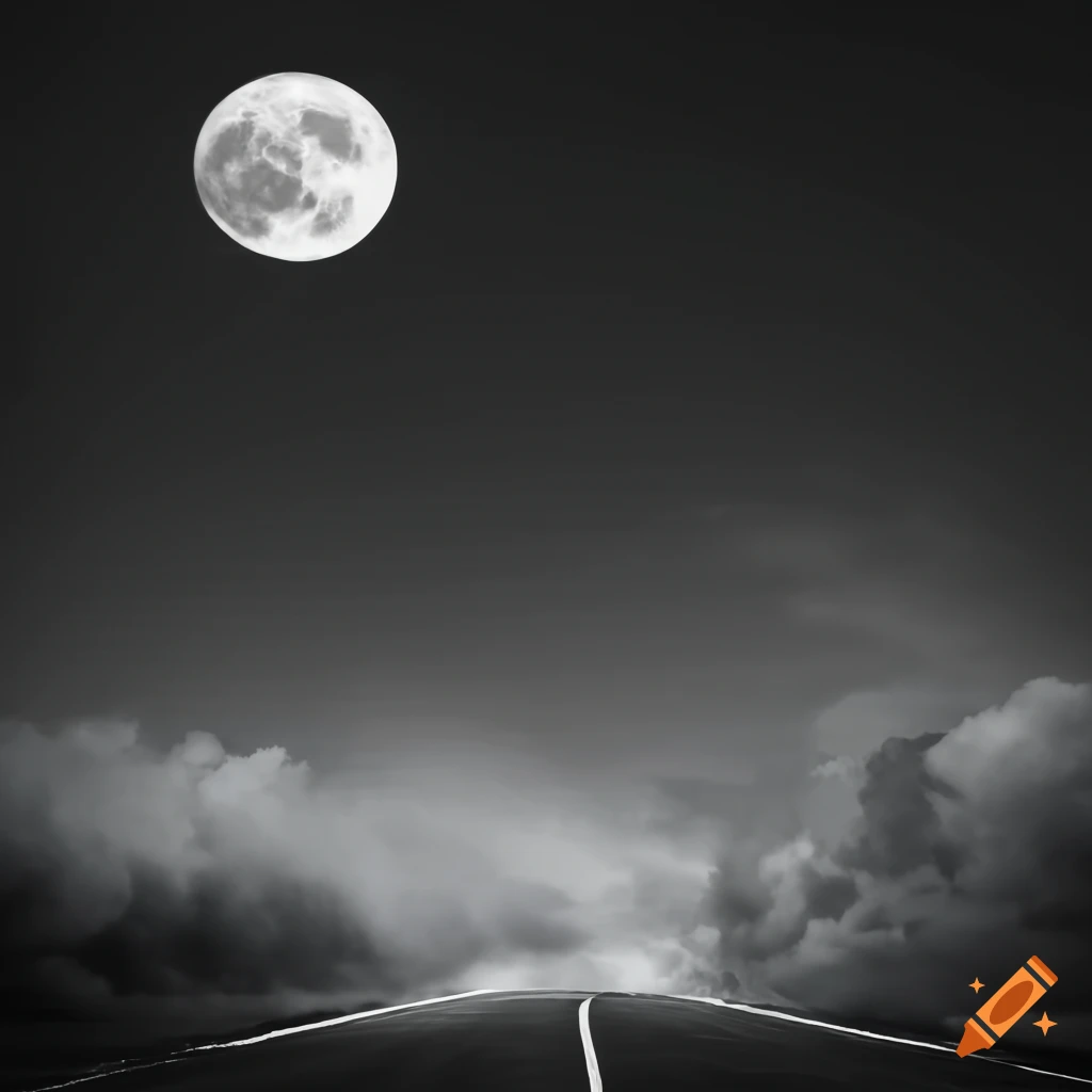 Scenic view of a road under a full moon and starry sky with white clouds