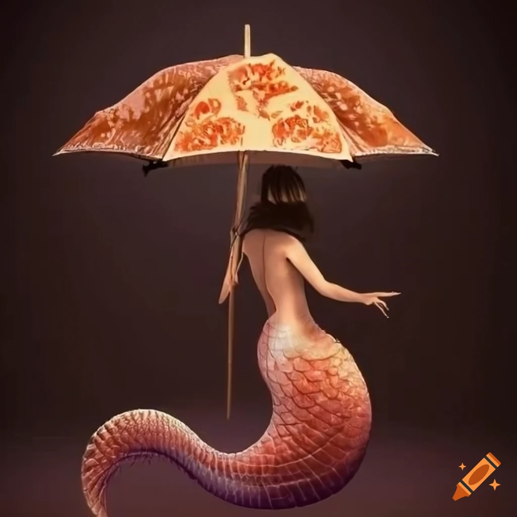 Mermaid with fish pattern umbrella in the desert on Craiyon