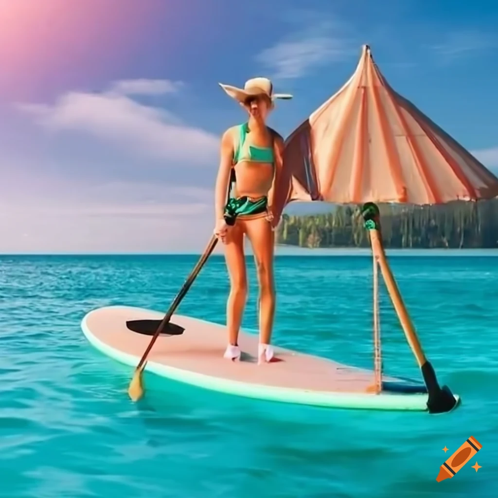 Girl on paddleboard near beach umbrellas with Pacifico beer logo
