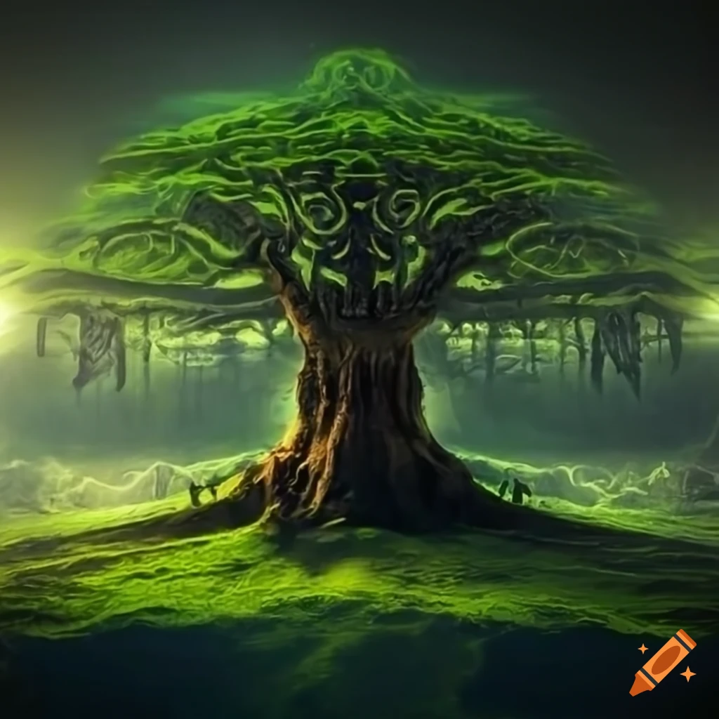 Yggdrasil with glowing runes in a mystical setting