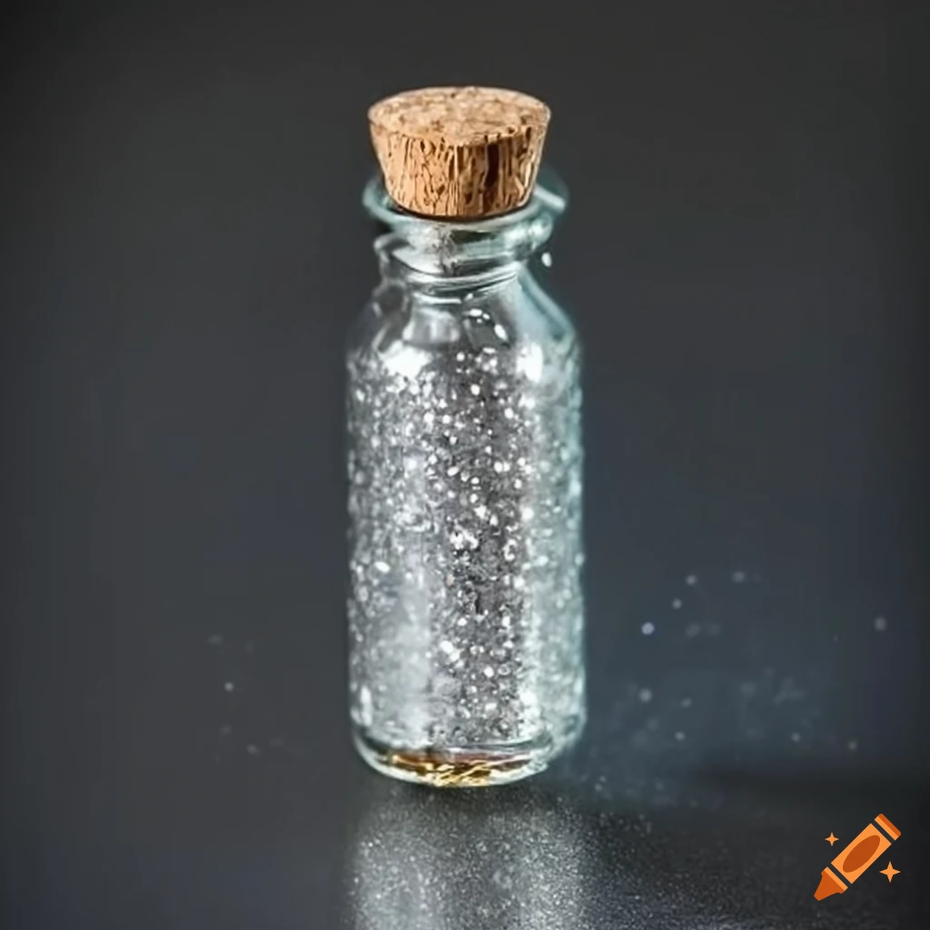 Corked glass vial half full of silver glitter