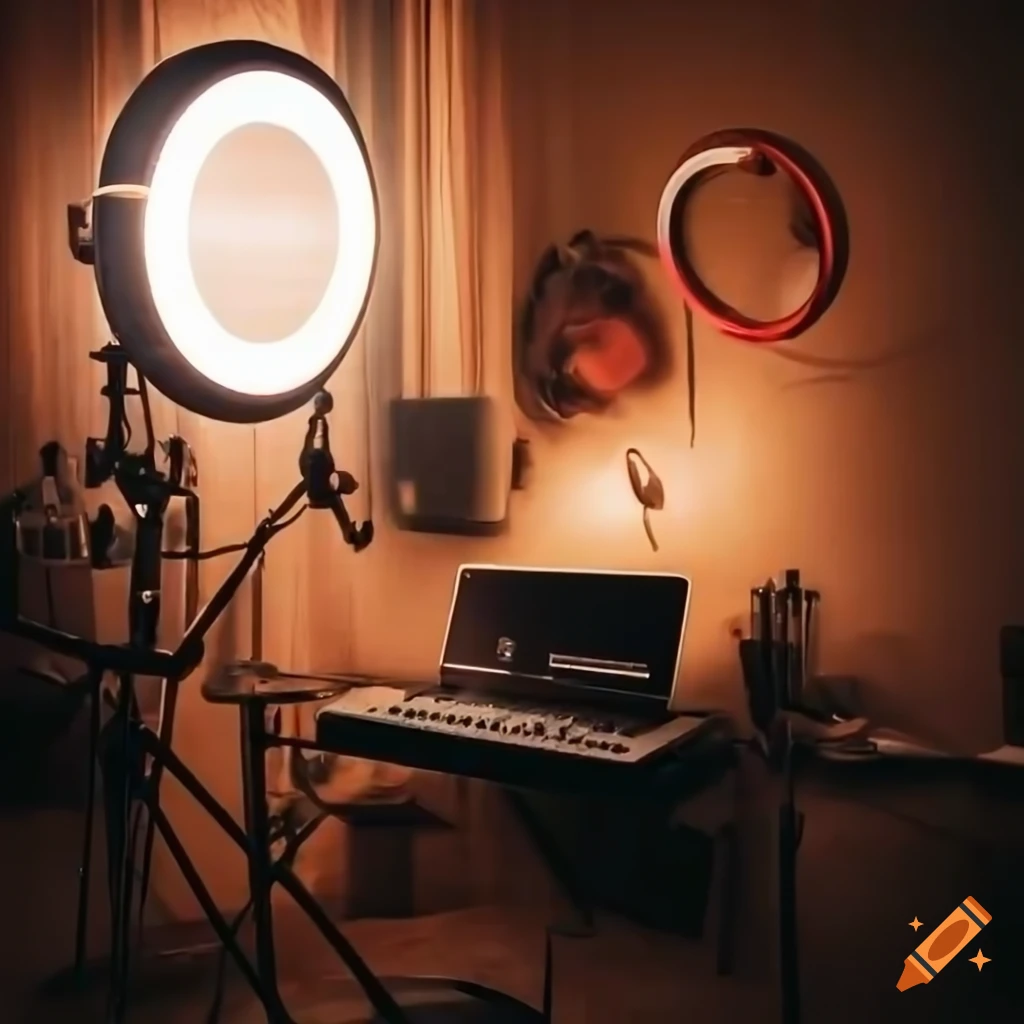 Music production setup with midi keyboard, laptop, microphone, and work