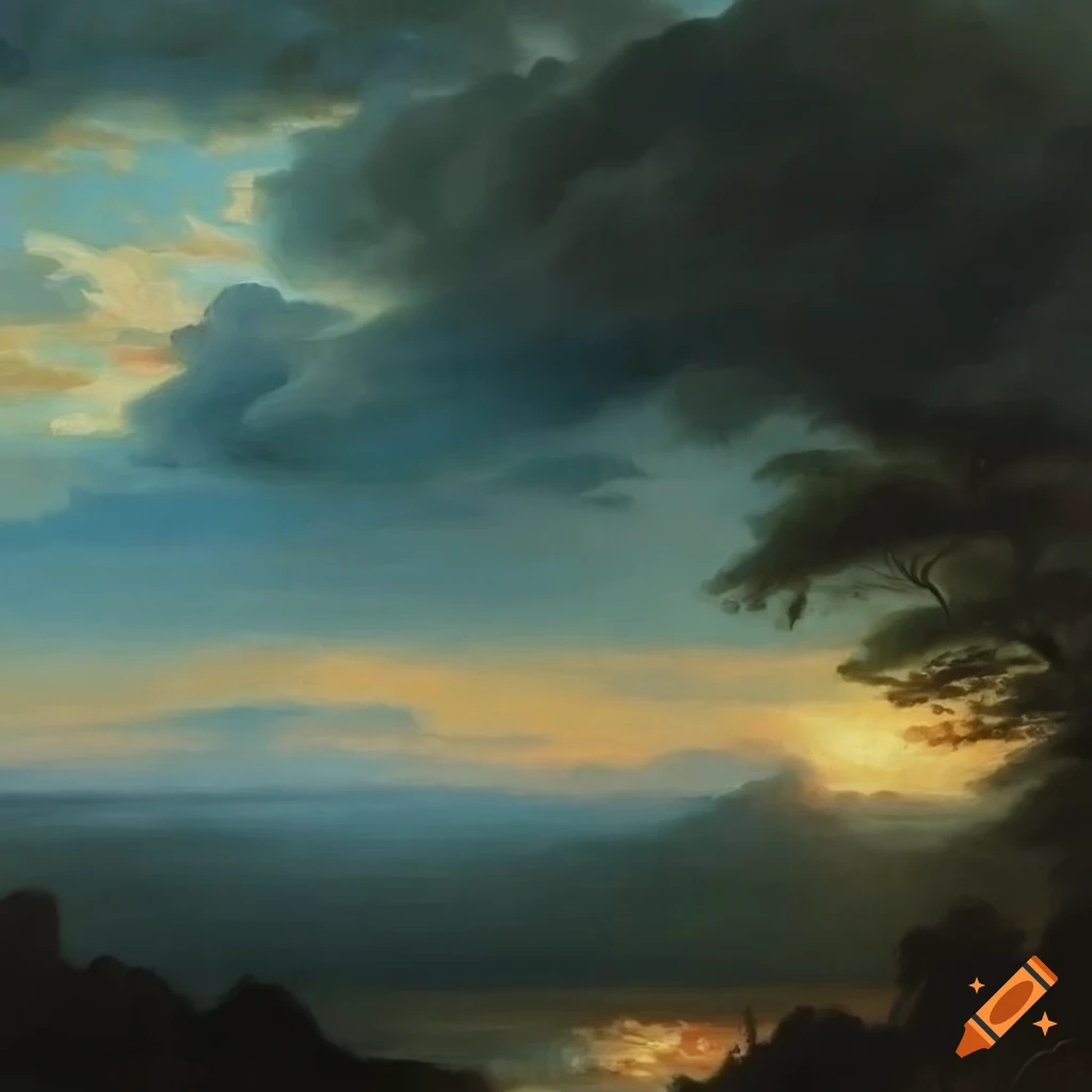 Captivating renaissance era oil painting of clouds and landscapes on