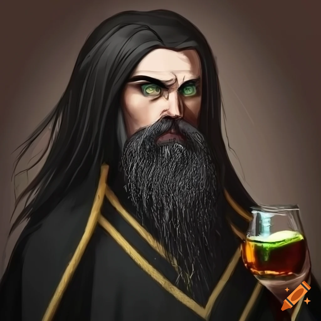 Wizard with green eyes and black robe on Craiyon