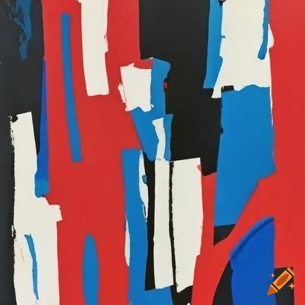 Abstract collage with red, blue, white, and black elements from 1965 on ...