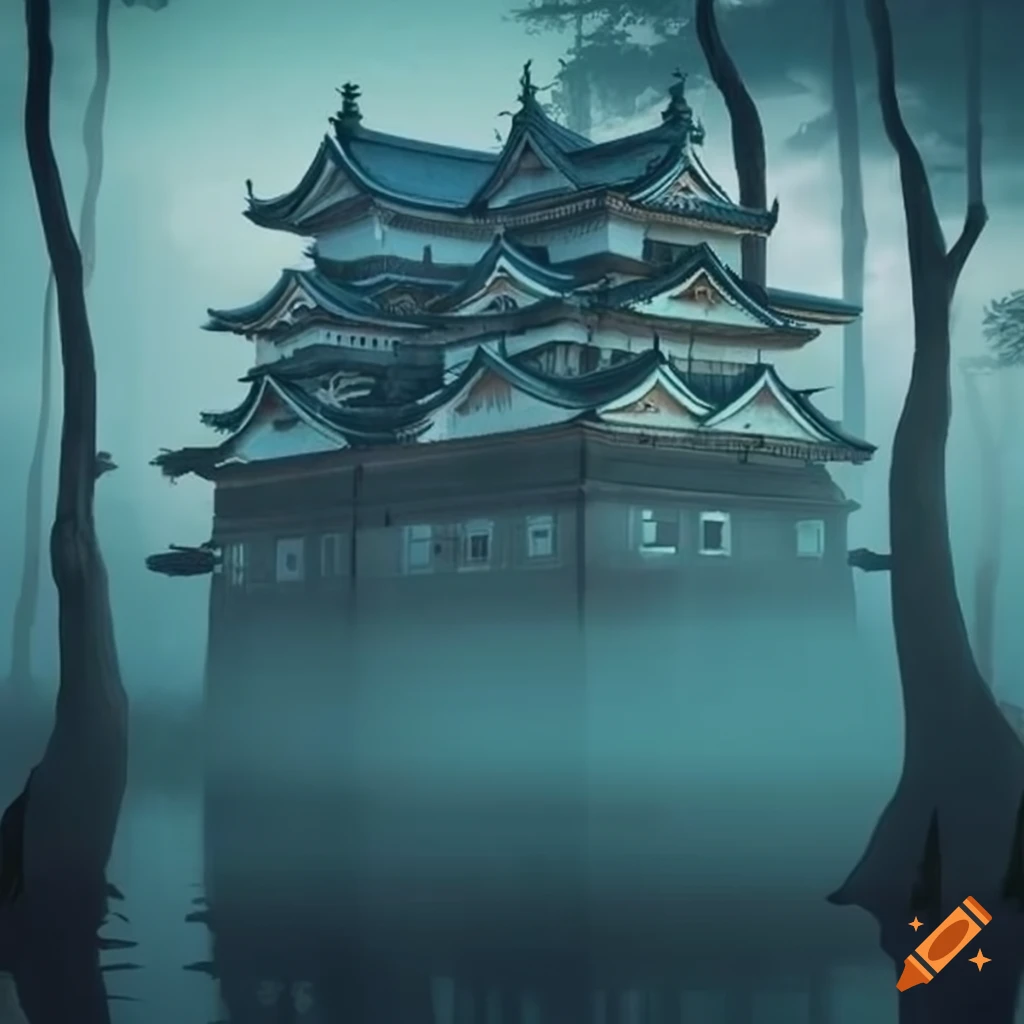 Japanese castle in a foggy swamp forest on Craiyon