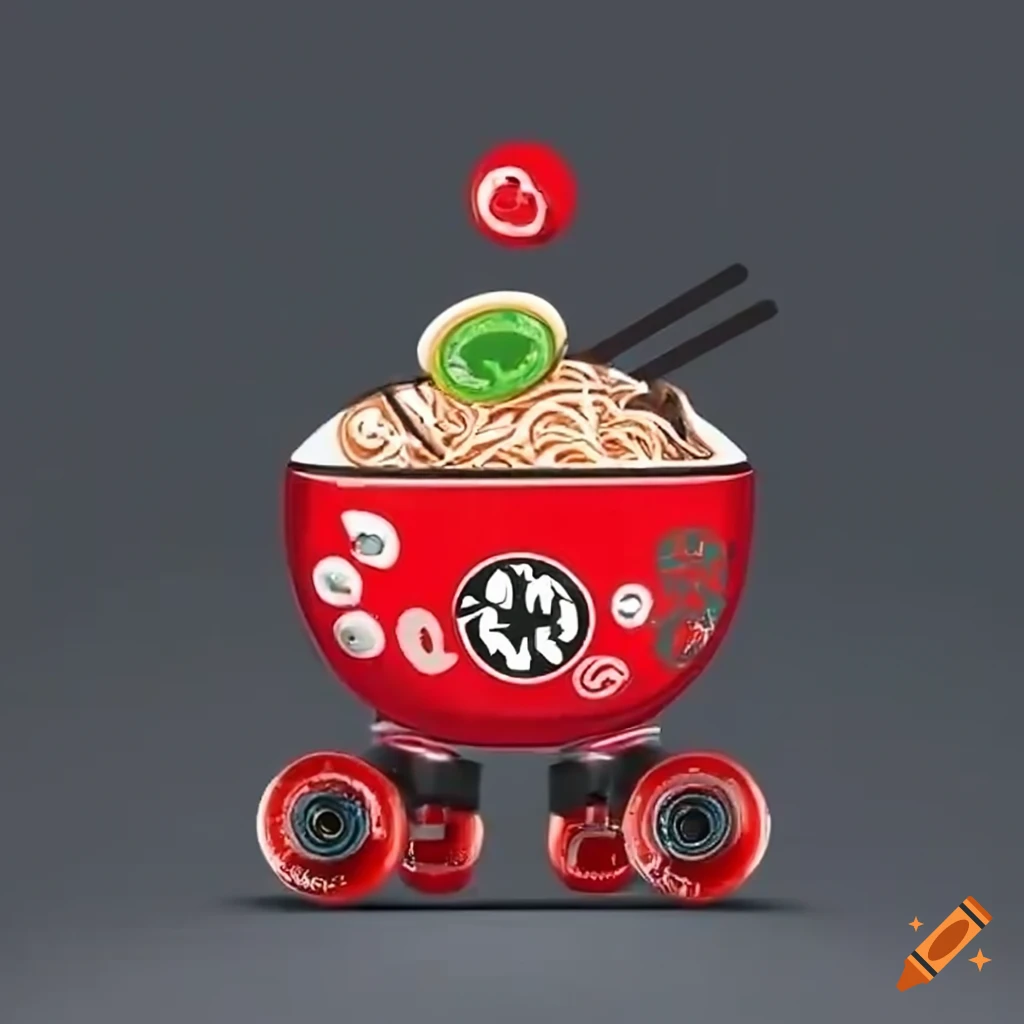Red and black japanese bowl on roller skate wheels holding ramen in a
