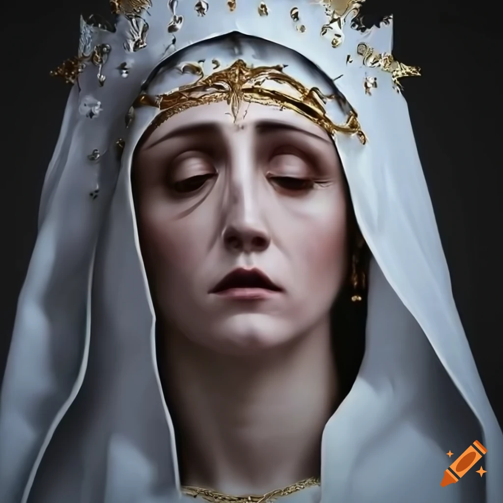 Our Lady Queen of sorrows in white attire with CGI photo realism