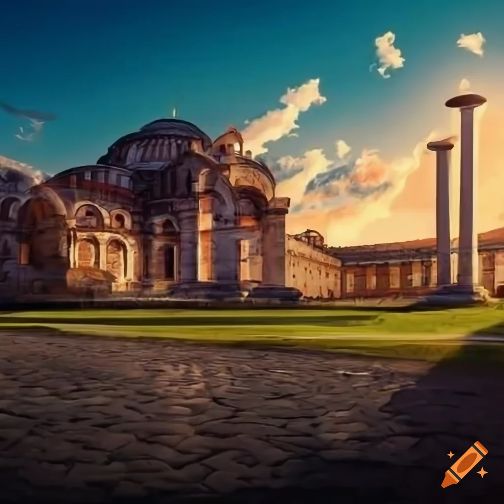 Exterior of a grand Byzantine church with Roman columns in ultra-realistic quality