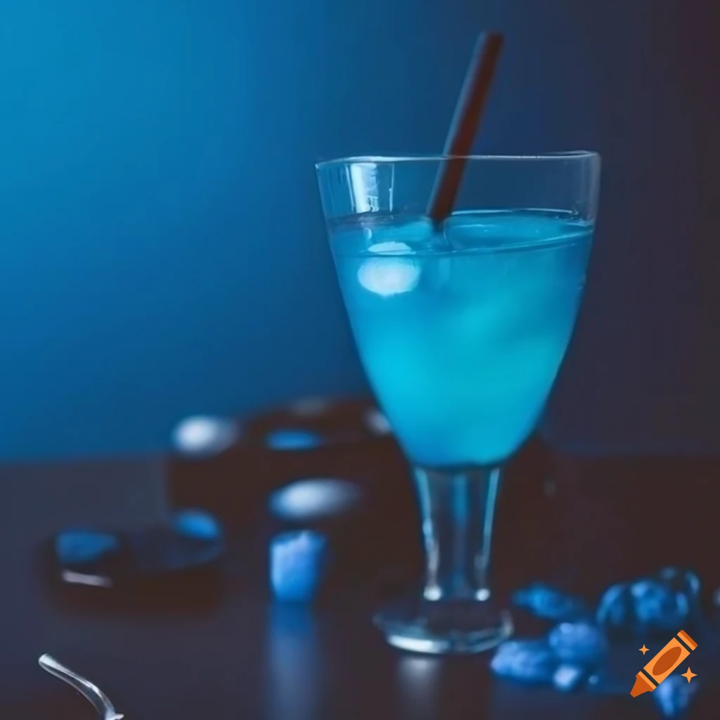 Blue carbonated drink with candy on a table in a moody blue setting