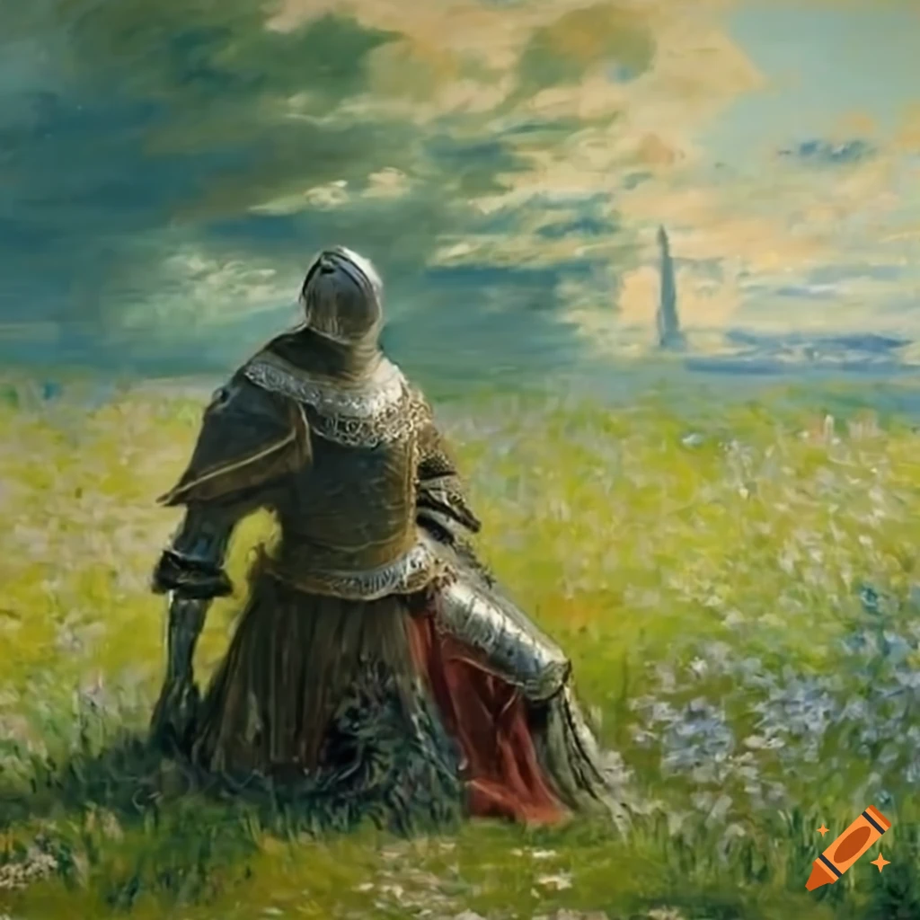 Elden ringstyle knight in armor kneeling in a green field surrounded by delicate flowers on Craiyon
