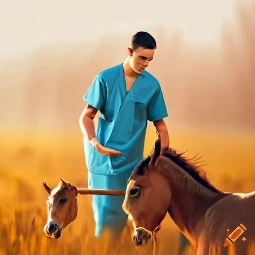 Vet in scrubs treating a sick horse in a field on Craiyon