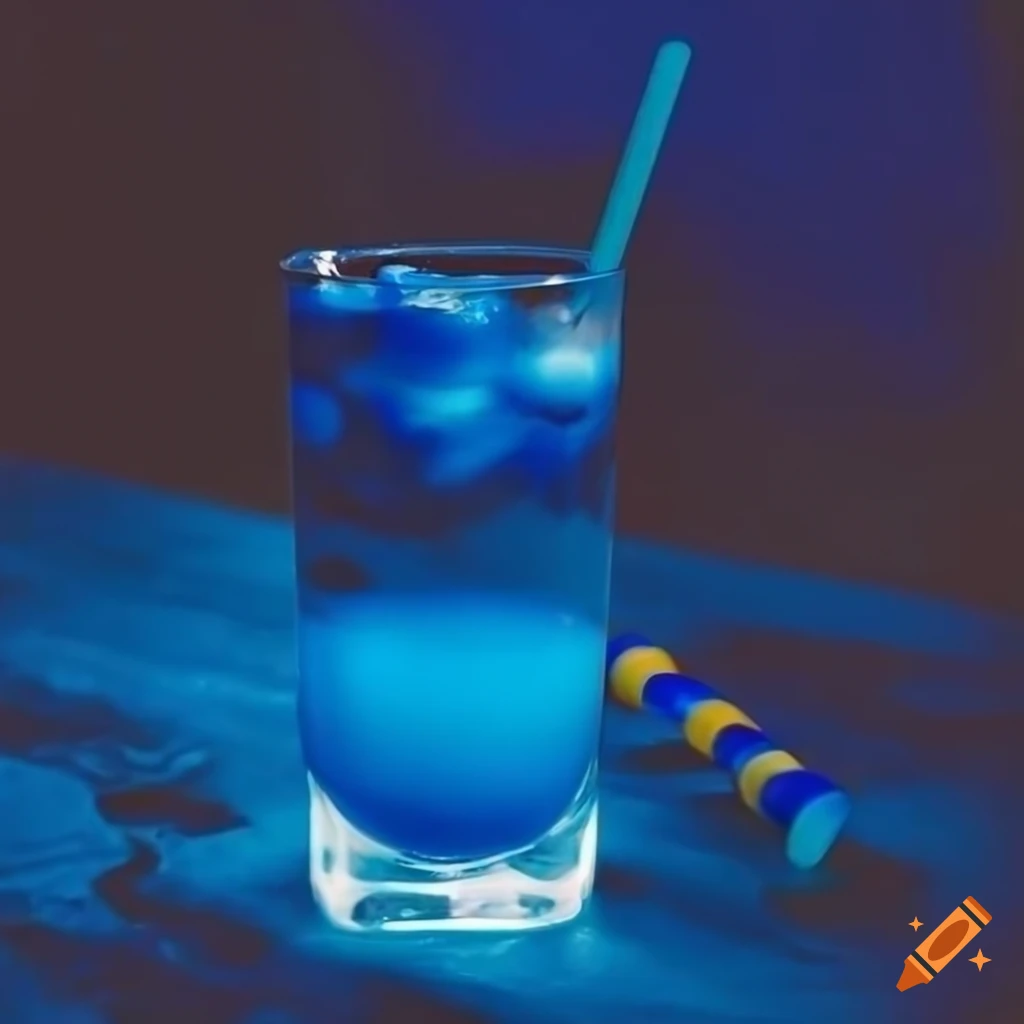 Blue carbonated drink with candy on a table in a moody blue setting