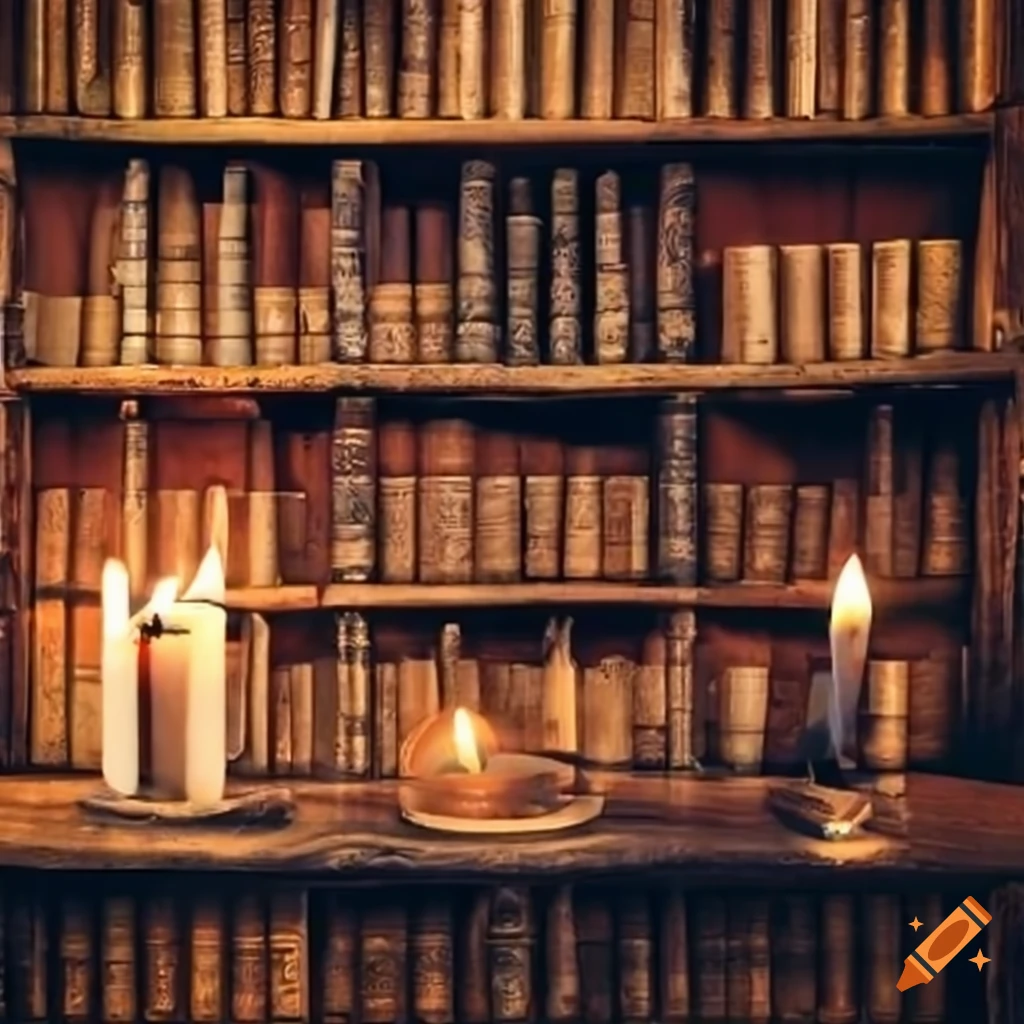 Antique bookshelf with lit candles on Craiyon