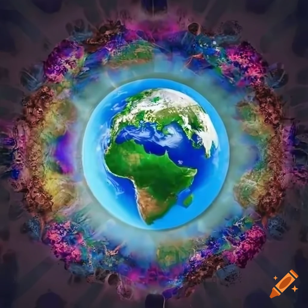 Globe representing the earth covered with people and a stunning corona in a digital art