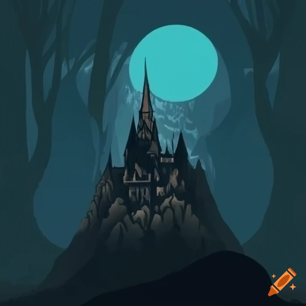Dark castle in a forest on a mountain on Craiyon
