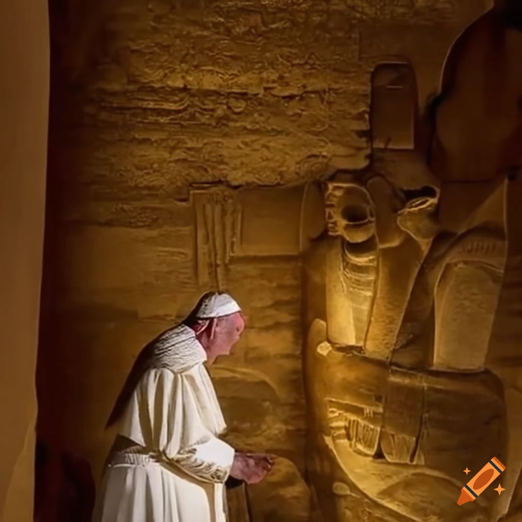 Pope appearing before Pharaoh Akhenaten on the ancient pyramid of Giza in a historical fantasy setting
