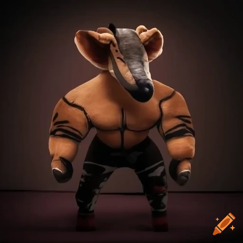 Muscular okapi plushie in a gym