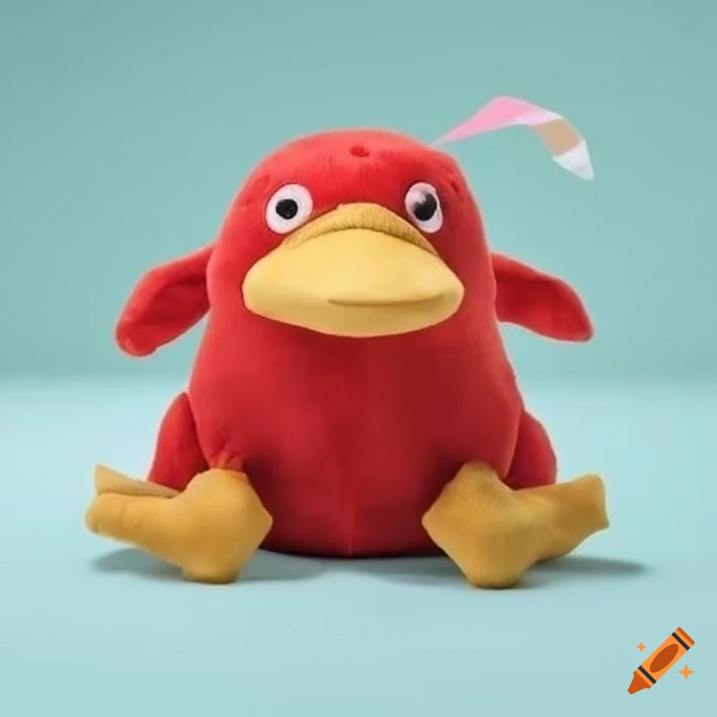 Plushie platypus holding a thick red tape roll