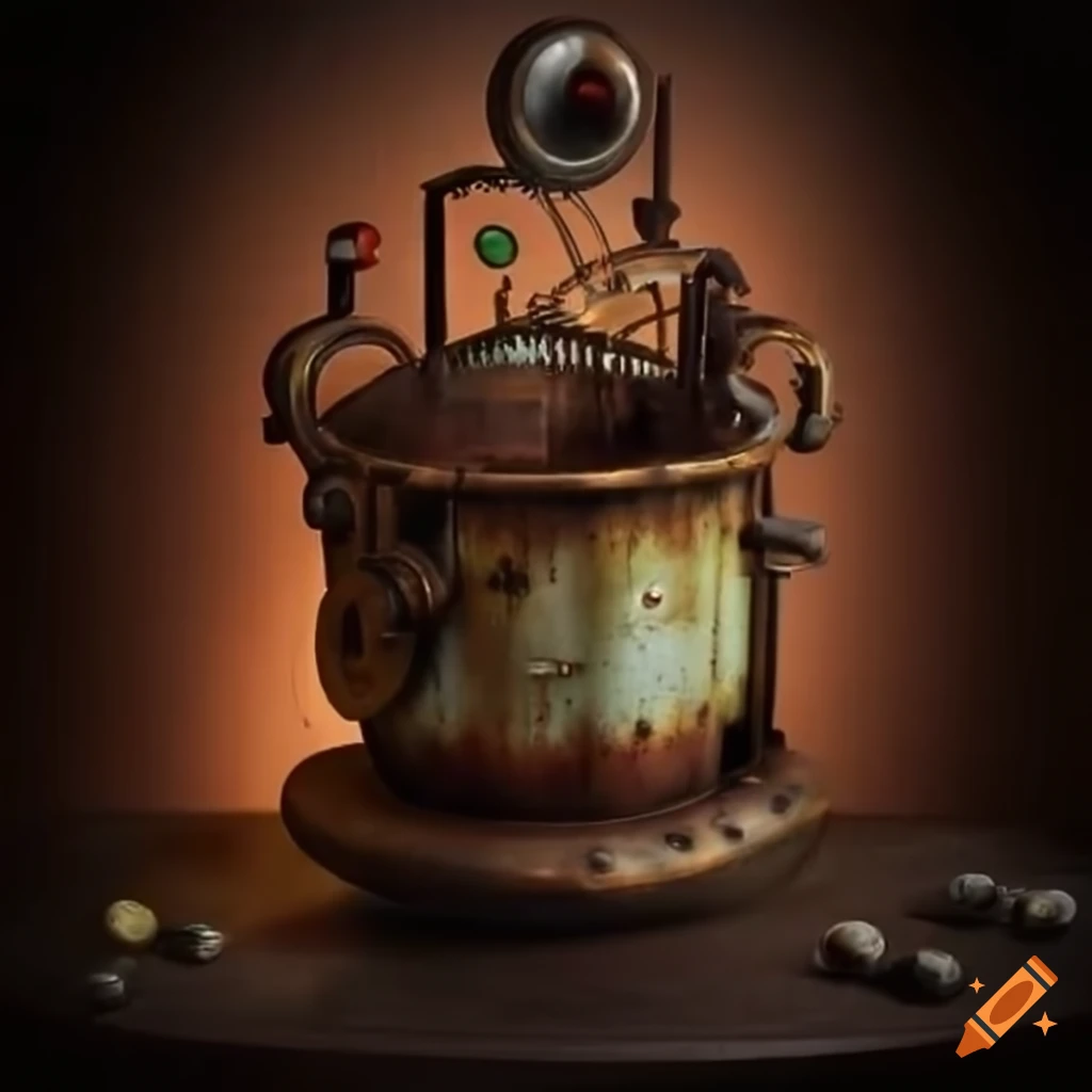 Rusty steampunk cappuccino machine with corrosive colors on Craiyon