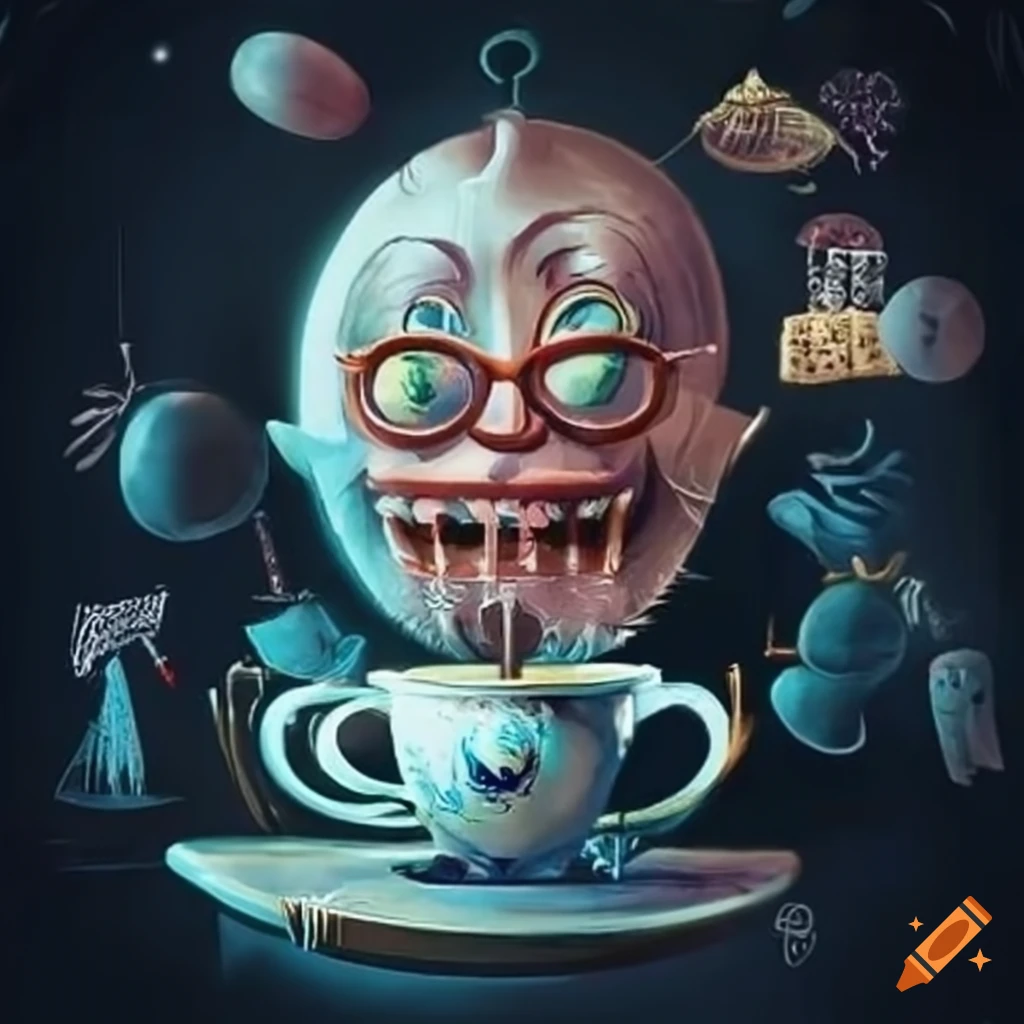 Tea party with Illuminati, Bill Cypher, and Bill Gates in a psychedelic Wonderland style